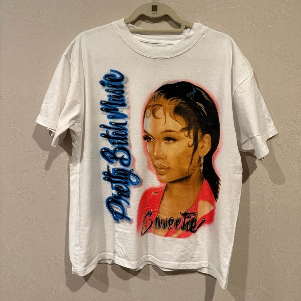 White Saweetie Graphic T-Shirt with Portrait Design - Picture 1 of 3